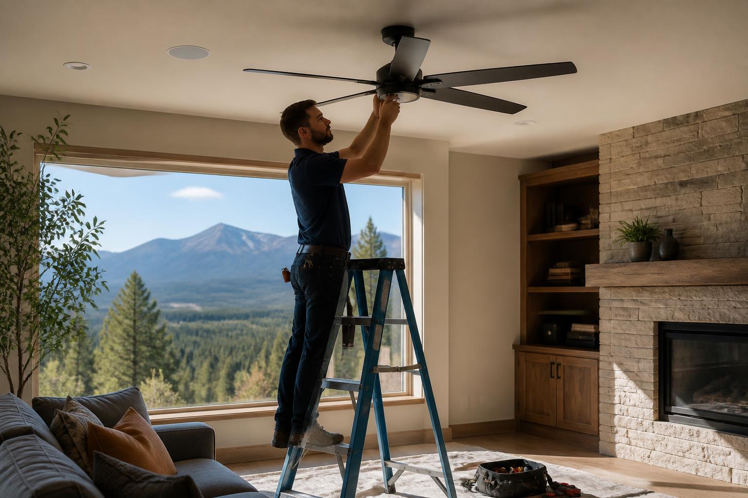 Electrician installing a ceiling fan in a Flagstaff-area living room with the San Francisco Peaks visible through the window.