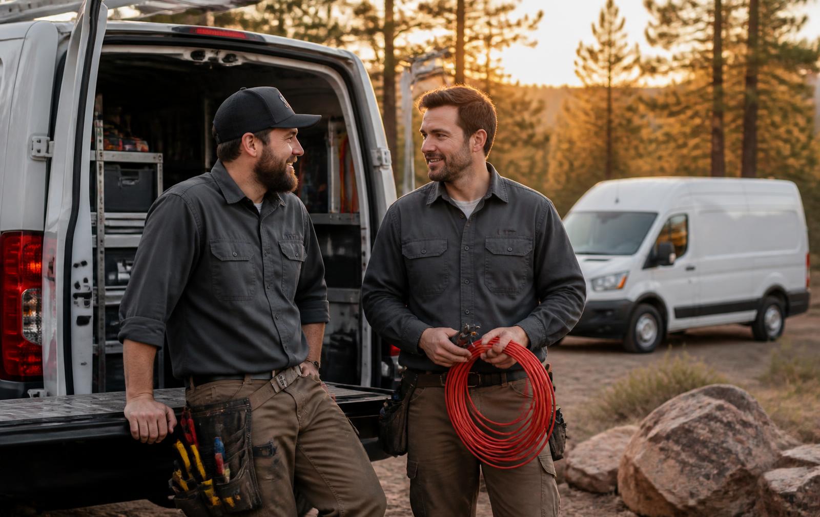 Two Northern Arizona Electrical Solutions electricians at a job site van among the pines.