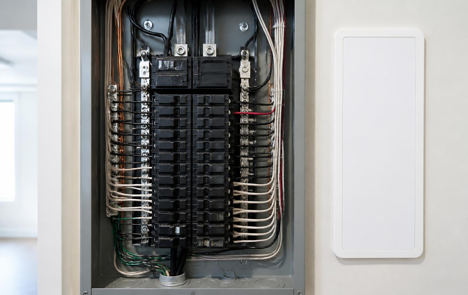 A neatly wired residential electrical panel with the cover removed.