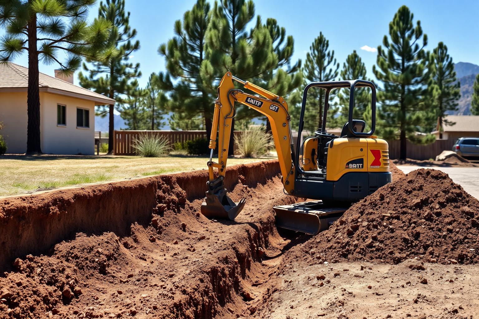 A compact excavator digging a clean utility trench on a residential property in northern Arizona.