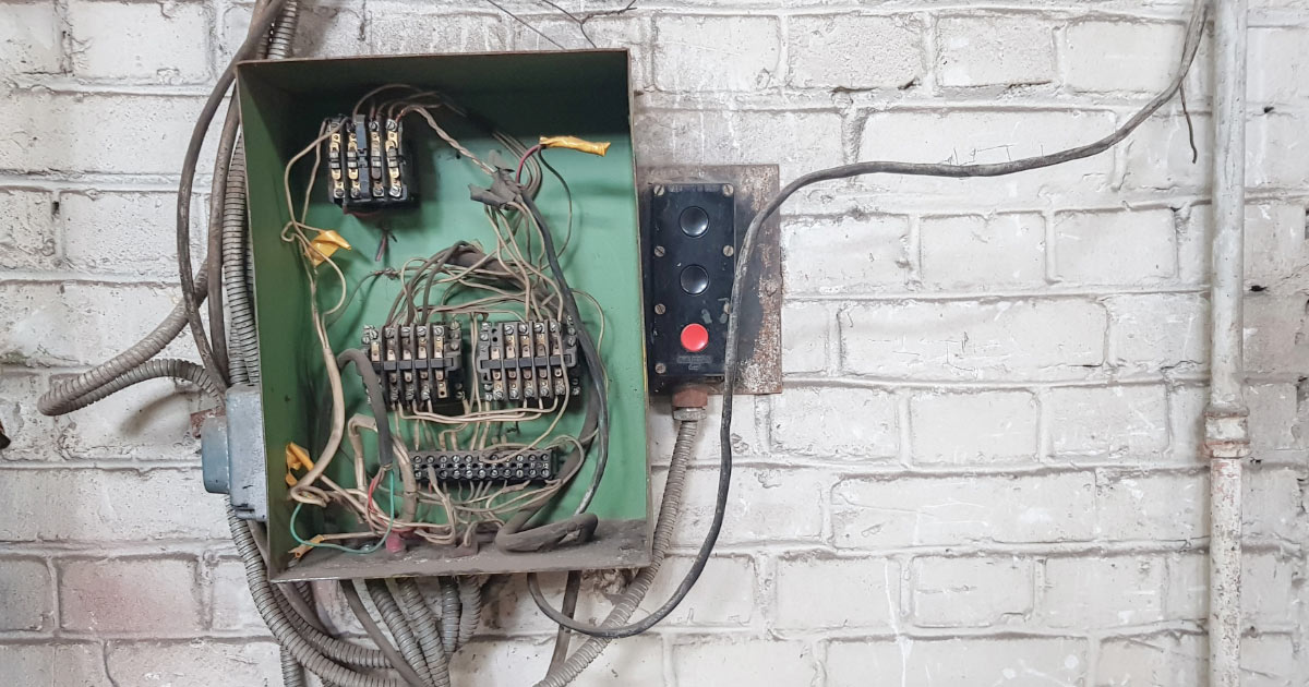 Outdated electrical panel with messy wiring