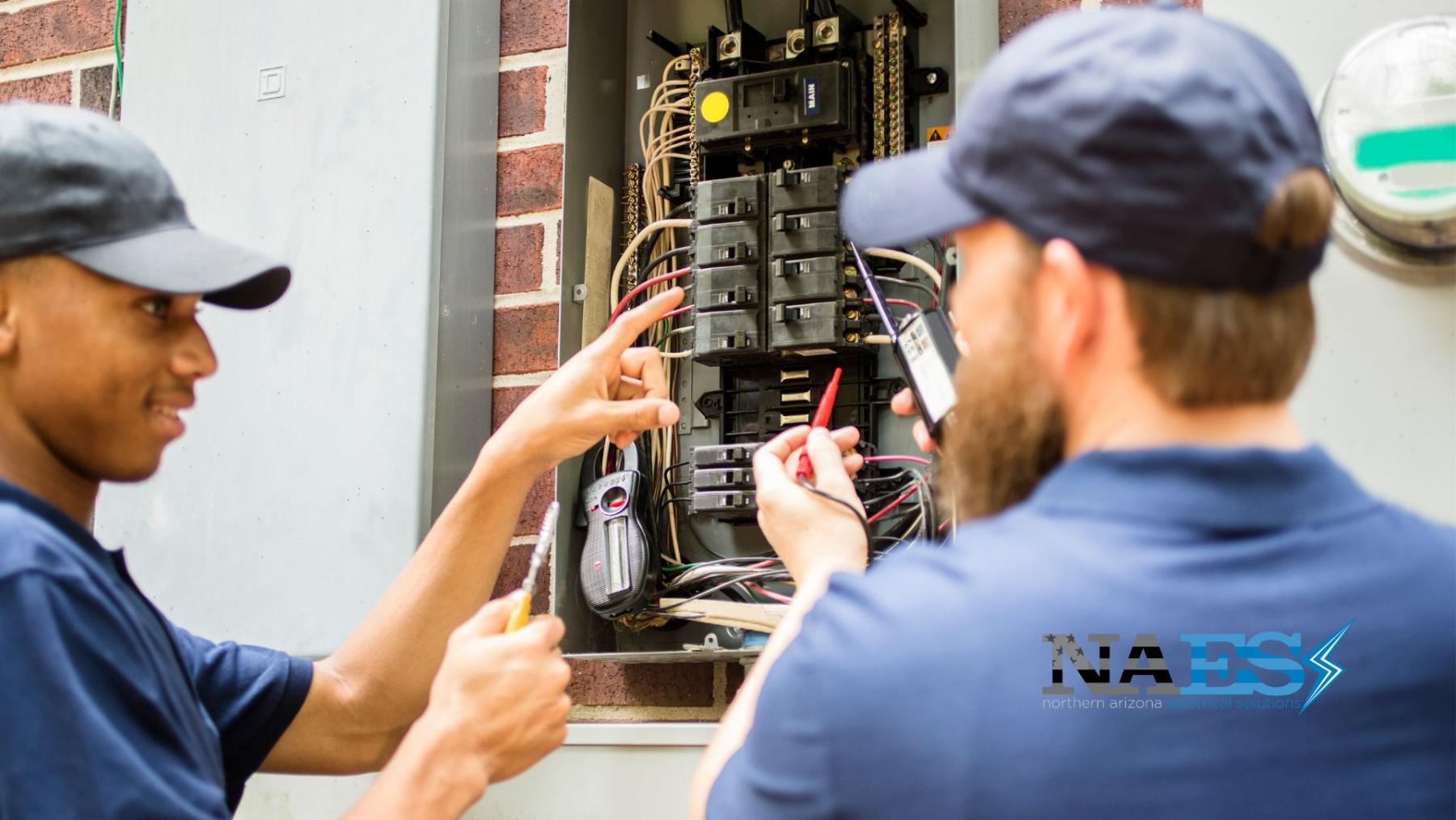 Licensed electrician performing an on-site wiring and electrical load assessment for a three-phase power installation upgrade in Flagstaff, Northern Arizona.