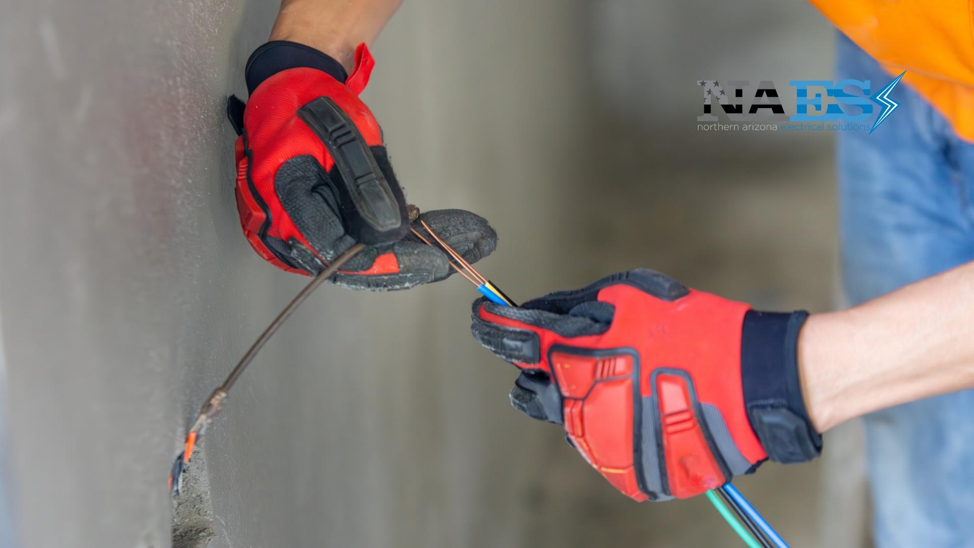 Professional electrician pulling old electrical wiring through opened walls and attic access during a full home rewiring upgrade in Flagstaff.